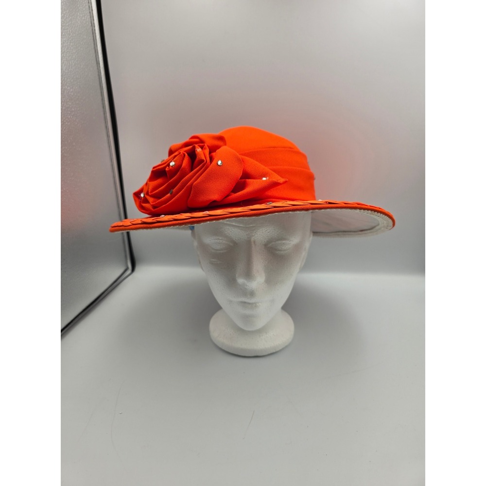 Unbranded Wide Brim Dress Hat Women Orange Good Floral Rhinestone Kentucky Derby